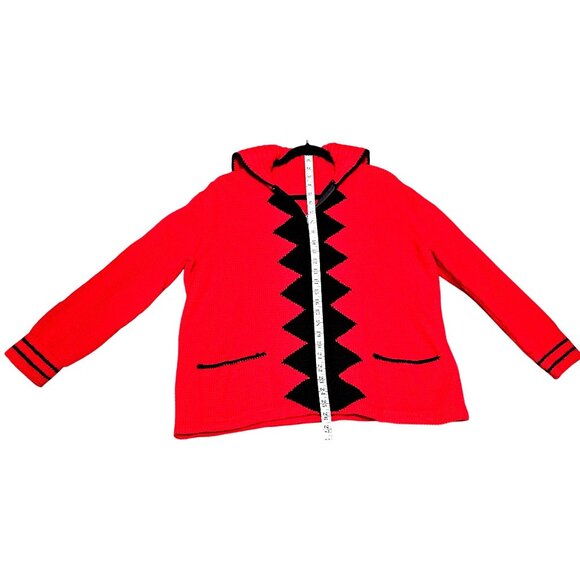 Handmade Red & Black Knit Hooded Cardigan With Zigzag Design & Front Zipper Clos - Picture 7 of 8